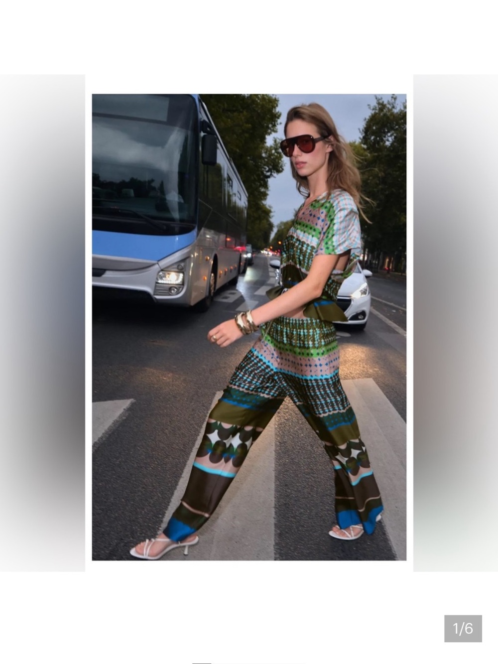 Zara Olive & Teal Wide-Leg Printed Satin Pants and Top set